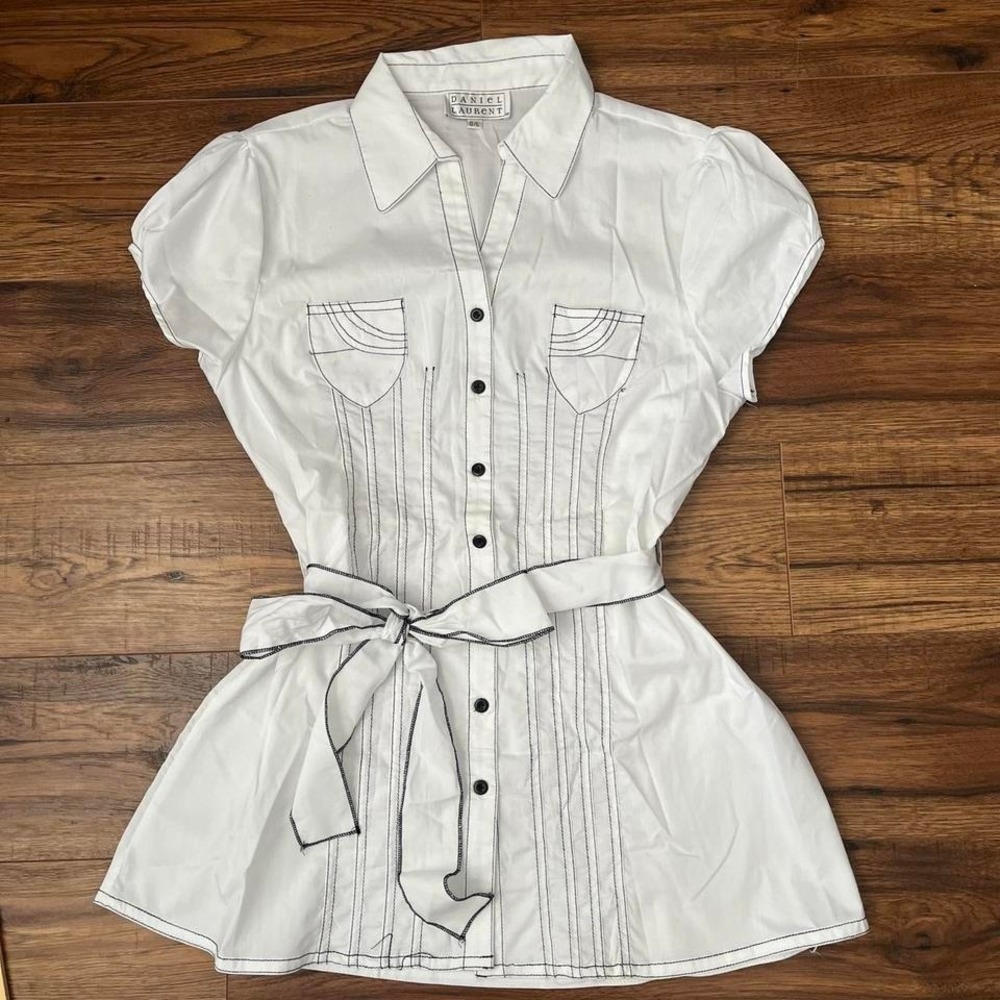 Vintage Y2K White Short Sleeve Blouse Contrast‎ Stitch Waist Tie Button Front L